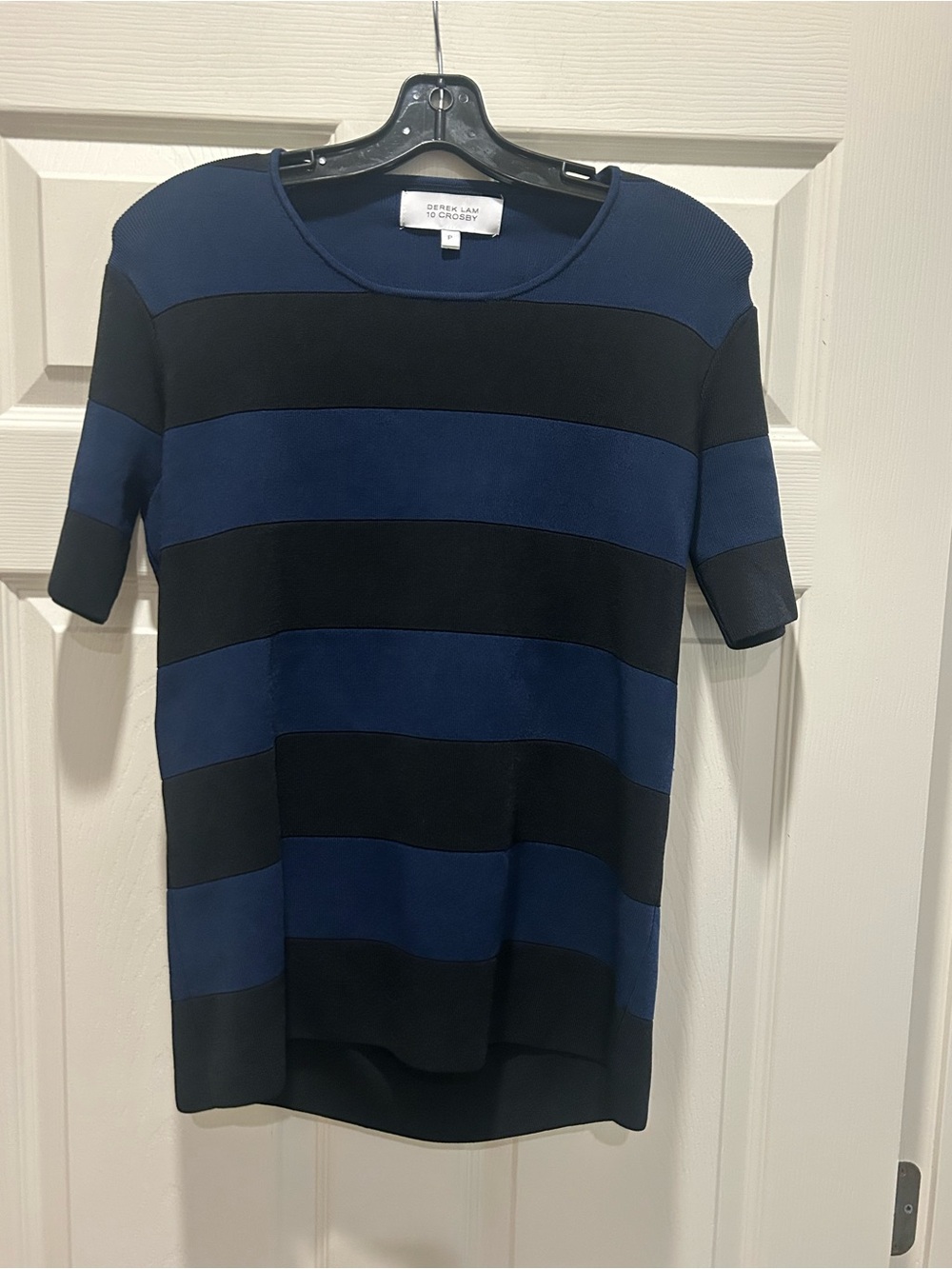 Derek Lam Navy and Black Wide Striped Short Sleeve Top